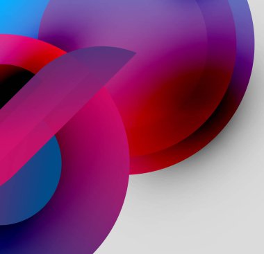 Üst üste binen renkli daireler içeren soyut bir kompozisyon. Gözlük aralığı kırmızı, mor, mavi, gri. Modern tasarım, pürüzsüz eğimler.