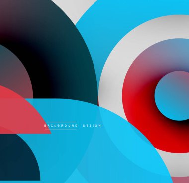 Soyut geometrik şekiller çakışıyor. Mavi, kırmızı, siyah, beyaz dinamik kompozisyon oluşturur. Modern tasarım elementleri pürüzsüz eğimler sunar.