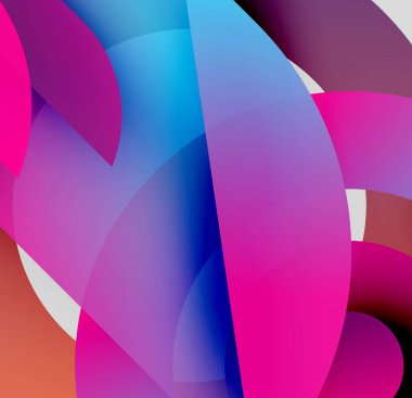 Soyut şekiller örtüşüyor, canlı renk değişimleri yaratıyor. Maviler, morlar, pembeler kompozisyona hakim. En az beyaz aksan mevcut.