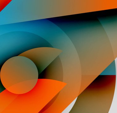 Soyut kompozisyon. Üst üste binen şekiller, sıcak ve serin tonlarda derinlik yaratır. Minimalist tasarım, modern estetik. Yumuşak gradyanlar baskın gelir.