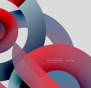 Soyut daireler örtüşüyor, canlı renk eğimleri yaratıyor. Modern tasarım kırmızı, mavi, beyaz, gri tonlara sahiptir. Minimalist kompozisyon.