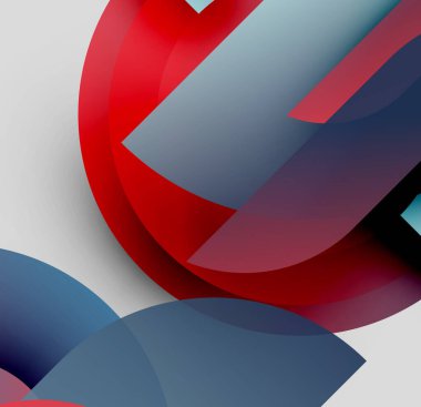 Soyut şekiller örtüşür, dinamik bileşim yaratır. Kırmızı, mavi renkler nötr arkaplana hakim. Modern tasarım elemanları.