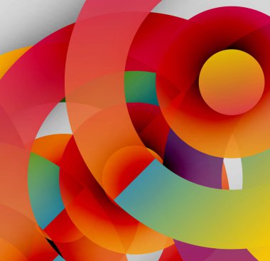 Soyut kompozisyon. Üst üste binen daireler, canlı renkler dinamik görsel deneyimler yaratır. Modern tasarım, gradyanlar pürüzsüz geçişler sunar.