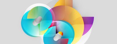 Soyut renkli şekiller örtüşür, dinamik bileşim yaratır. Çemberler, dikdörtgenler harmanlanır, modern tasarımı oluşturur. Parlak renkler baskın gelir.