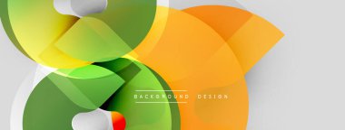 Soyut tasarım özellikleri üst üste binen renkli şekiller. Yeşil, turuncu, sarı renkler beyaz boşlukla harmanlanır. Modern estetik, dinamik kompozisyon.