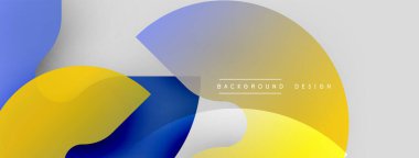 Soyut şekiller örtüşür, dinamik eğimler yaratır. Sarı, mavi renkler kompozisyona hakim. Minimalist tasarım modern estetiği öneriyor.