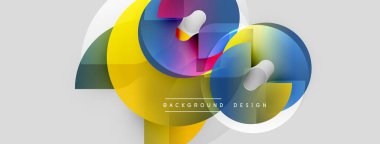 Soyut renkli şekiller çakışıyor. Modern tasarım canlı sarı, mavi, kırmızı renkler içerir. Temiz arkaplan görsel karşıtlık sağlar.