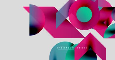 Soyut geometrik şekiller örtüşüyor, canlı renk eğimleri yaratıyor. Pembe, deniz mavisi, mor baskın kompozisyon. Modern tasarım elemanları.