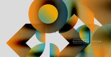 Soyut geometrik şekiller, canlı renkler, modern tasarım. Üst üste binen formlar dinamik görsel efekt yaratır. Yumuşak gradyanlar sıvı bileşimi sunar.