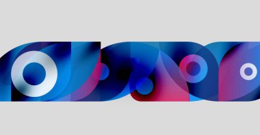 Üst üste binen daireler, kıvrımlar, canlı maviler ve pembeler içeren soyut bir kompozisyon. Modern tasarım, dinamik şekiller görsel ilgi yaratıyor.