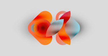 Soyut şekiller örtüşüyor, canlı turuncu, mavi renkler yaratıyor. Yumuşak eğimler akıcılığı, ışık etkileşimini gösterir. Minimalist tasarım, temiz arkaplan.
