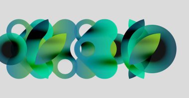 Soyut kompozisyon. Üst üste binen daireler, değişik tonlarda yeşil, mavi. Minimalist tasarım, temiz arkaplan, modern estetik.