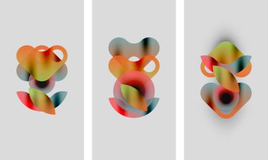 Soyut renkli şekiller çakışıyor, yumuşak bulanık üç parçalı bir şekil yaratıyor. Minimalist tasarım, hafif arkaplan, modern estetik.