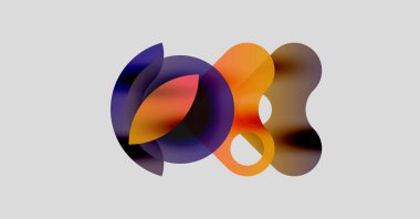 Soyut şekiller örtüşür, canlı renk karışımları yaratır. Turuncu, mor renkler nötr arka plana hakim. Modern tasarım ögesi.