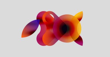 Soyut şekiller örtüşüyor, canlı turuncu ve mor renkler yaratıyor. Yumuşak kıvrımlar hareketi, enerjiyi, modern tasarımı, estetiği akla getiriyor.