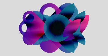 Soyut çiçek tasarımı. Üstüste binen yarı saydam şekiller canlı mor, mavi renkler yaratır. Minimalist kompozisyon, modern estetik. Yumuşak eğimler mevcut.
