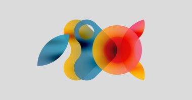 Soyut renkli şekiller örtüşür, dinamik görsel kompozisyon yaratır. Yumuşak eğimler akıcılık, hareket ve modern tasarım estetiğini ortaya koyuyor..