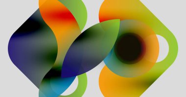 Soyut renkli şekiller çakışıyor ve sıvı formlar yaratıyor. Gradyan renkler harmanlanır, hareket, derinlik ve modern tasarım önerilir.