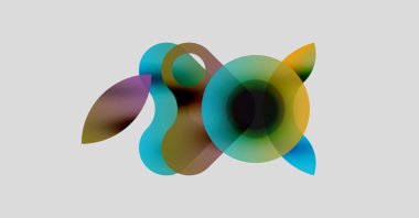 Soyut renkli çakışan daireler dinamik görsel kompozisyon oluşturur. Yumuşak eğimler derinlik, hareket, modern tasarım.