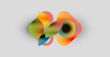 Soyut renkli şekiller çakışıyor, yumuşak gradyanlar yaratıyor. Açık arkaplan canlı renkleri vurgular, akıcılık, hareket.