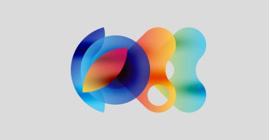 Soyut renkli şekiller örtüşür, dinamik görsel kompozisyon yaratır. Yumuşak eğimler akıcılık, hareket ve modern tasarım estetiğini ortaya koyuyor..