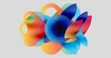 Soyut renkli şekiller örtüşüyor ve canlı bir görsel etki yaratıyor. Yumuşak gradyanlar renkleri karıştırır, dinamik bileşim oluşturur.