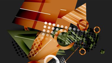 Soyut geometrik bileşim. Turuncu, kahverengi, yeşil renkler egemen. Çizgiler, daireler, üçgenler dinamik görsel doku yaratır. Modern tasarım elemanları.