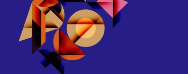 Soyut geometrik bileşim. Şekiller örtüşüyor, dinamik görsel ilgi yaratıyor. Koyu mavi arkaplanlı, sıcak tonlarda kontrast. Modern tasarım, cesur biçimler, katmanlı elementler.