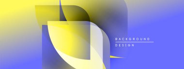 Soyut geometrik şekiller örtüşür, parlak sarı ve mavi renkler yaratır. Metin arka plan tasarımını büyük harflerle okur. Minimalist stil.