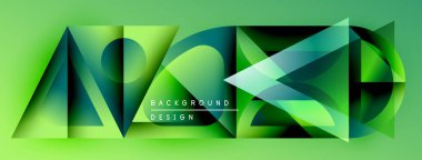Soyut geometrik şekiller, canlı yeşil renkler, modern tasarım elementleri. Gradyan etkiler derinlik yaratır, dinamik bileşim. Arkaplan dokusu görünür.