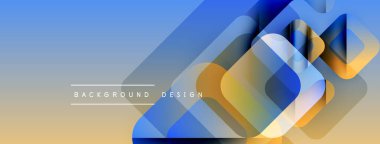 Soyut geometrik şekiller örtüşür, parlak mavi ve turuncu renkler yaratır. Metin, kompozisyon içerisindeki arkaplan tasarımını okur.