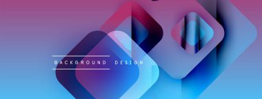 Soyut geometrik şekiller canlı mor, mavi renkleri harmanlarlar. Modern tasarım üst üste binen kareler, dikdörtgenler dinamik görsel efekt oluşturur.