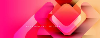 Soyut, enerjik bir arkaplan. Üst üste binen kareler dinamik görsel efekt yaratır. Pembe, kırmızı, sarı renkler kompozisyona hakim. Modern tasarım ögesi.