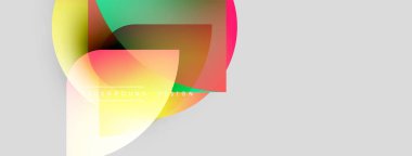 Soyut renkli şekiller örtüşür, dinamik görsel efekt yaratır. Işık eğimleri beyaz uzaya karışıyor. Modern tasarım ögesi.