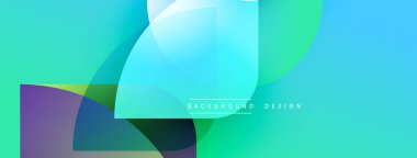 Soyut şekiller örtüşüyor, canlı gradyanlar yaratıyor. Turkuaz, mor, mavi renkler baskın kompozisyon. Modern tasarım ögesi.