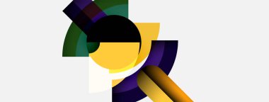 Soyut geometrik bileşim. Şekiller örtüşüyor, dinamik görsel ilgi yaratıyor. Renkler sarı, mor, yeşil, siyah, beyaz. Modern tasarım.