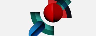 Soyut tasarım kıvrımlı şekiller, kırmızı küre, mavi, yeşil elementler içerir. Minimalist kompozisyon, modern estetik, temiz çizgiler, canlı renkler.