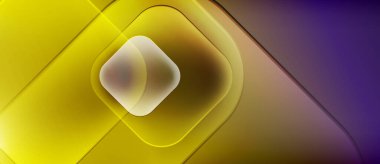 Katmanlı kareler içeren soyut bileşim, sarıdan mora doğru gradyanlar. Yumuşak parıltı derinlik yaratır, modern estetik.