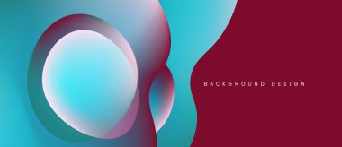Soyut tasarım özellikleri üst üste binen daireler, gradyanlar. Teal, mor renkler modern görsel etki yaratır. Minimalist tarz, temiz çizgiler dinamik bileşim sunar.
