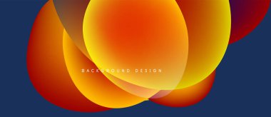 Soyut sıvı şekilleri örtüşür, canlı turuncu ve kırmızı renkler yaratır. Koyu mavi arka plan karşıtlık sağlar. Metin arkaplan tasarımı okur.