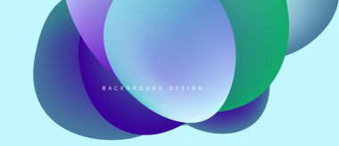 Soyut sıvı şekilleri örtüşür ve canlı renk değişimleri yaratır. Açık mavi arkaplan, mor ve yeşil renkleri tamamlar. Modern tasarım ögesi.