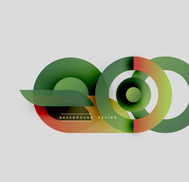 Soyut çakışan çemberler, gradyanlar. Yeşil, turuncu renkler kompozisyona hakim. Şekillerin altında yazılı minimalist tasarım. Modern estetik.