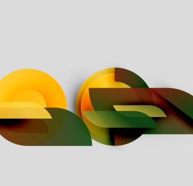 Soyut şekiller örtüşür, dinamik bileşim yaratır. Sıcak sarılar koyu yeşillerle harmanlanır, kahverengiler gri arka planda. Modern tasarım.