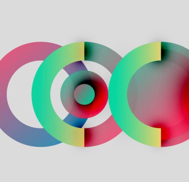 Soyut renkli çemberler dinamik görsel efektler yaratıyor. Gradyan renkler harmanlanarak modern tasarım ögesini oluşturur.