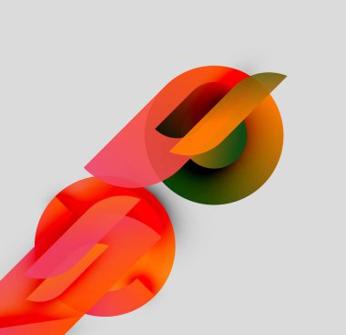 Soyut şekiller örtüşüyor, canlı turuncu, kırmızı, yeşil renkler oluşturuyor. Gri arka planda minimalist tasarım. Modern estetik.