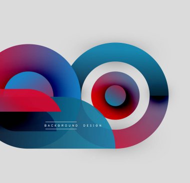 Soyut renkli çakışan daireler dinamik bir görsel oluşturur. Gradyan gölgeler harmanlanarak modern tasarım elementi oluşturur. Minimalist estetik.