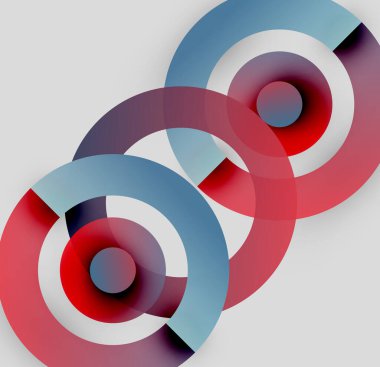 Soyut daireler üst üste binerek katmanlı görsel efekt yaratır. Kırmızı, mavi, beyaz renkler kompozisyona hakim. Minimalist tasarım, modern estetik.