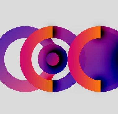 Soyut çemberler çakışıyor, canlı gradyanlar yaratıyor. Mor, turuncu renkler kompozisyona hakim. Modern tasarım, basit şekiller.