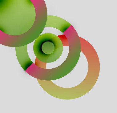 Soyut çemberler çakışıyor, canlı gradyanlar yaratıyor. Renkler yeşilden turuncuya, pembeye ve beyaz arka plana karışıyor. Minimalist tasarım.