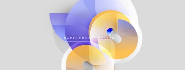 Soyut şekiller örtüşür, dinamik bileşim yaratır. Yumuşak gradyanlar mor, turuncu ve beyaz renkleri harmanlarlar. Minimalist tasarım modern estetiği çağrıştırıyor.